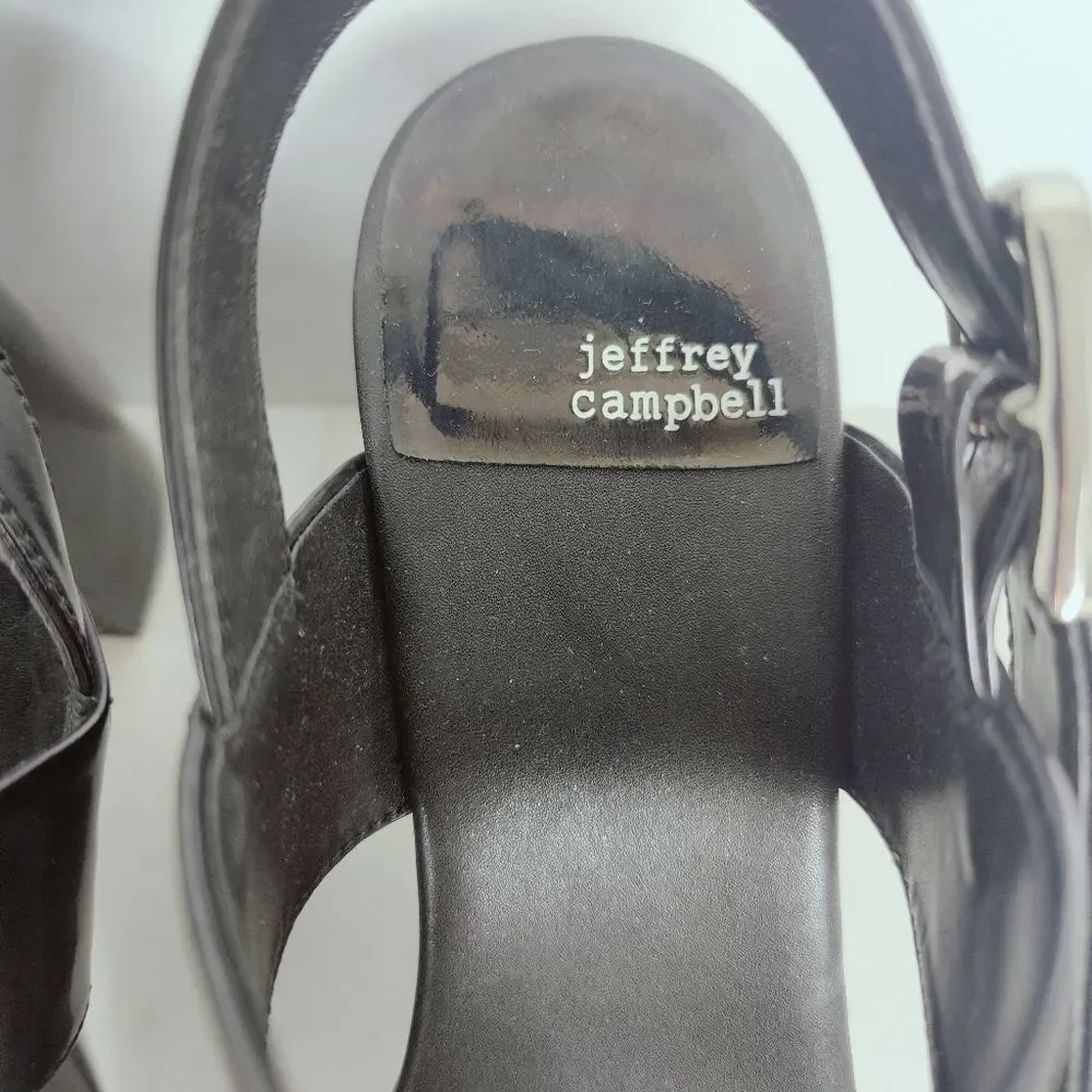 Jeffrey Campbell Moody Black Patent Platform Block Heel Sandals, Sz 9.5